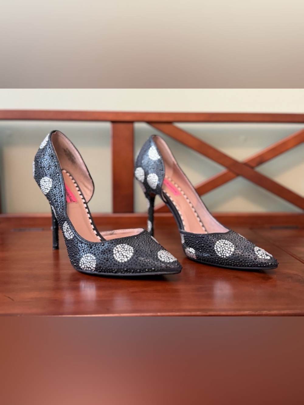 Betsey Johnson Black Rhinestone Polka Dot Pointed D'Orsay Pumps - Picture 1 of 6